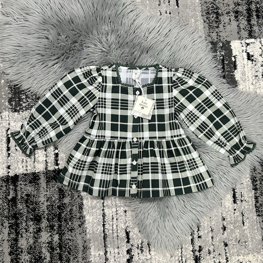 Kate Quinn Girls Long Sleeve Gathered Waist Pom Pom Blouse In Green Plaid 5Y NEW